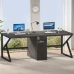 The 09.01.C_结果 is a modern, dark wood double desk setup with two computers—ideal for OEM and ODM needs—featuring a desk lamp, wall clock, and large windows with views of greenery.