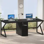 The 09.01.C_结果 is a modern black double desk with a central drawer, featuring two desktop computers, a lamp, and minimal decor in a bright room with large windows and wall clock—perfect for OEM or ODM workspace solutions.