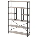 The 10.01.C_结果 is a five-tier wooden bookshelf with a black metal frame, open shelves, and an asymmetrical design in varying sizes, available for ODM or OEM customization.