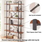 Tall bookshelf “10.01.C_结果” features wooden shelves, black metal frame with sturdy square steel tubes, and an anti-tip kit to prevent injury or damage. Close-ups included. OEM and ODM available; text highlights safety feature.