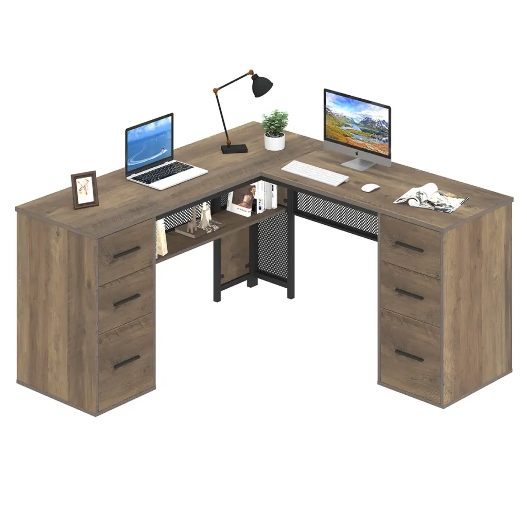 L Shaped Computer Desk with Six Drawers, Rustic Oak _10