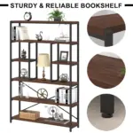 A tall, five-shelf wooden and metal bookshelf—model 10.01.C_结果—holds books, decor, and a lamp. Inset images highlight shelves, frame, and adjustable feet. OEM & ODM available. Text: "STURDY & RELIABLE BOOKSHELF.