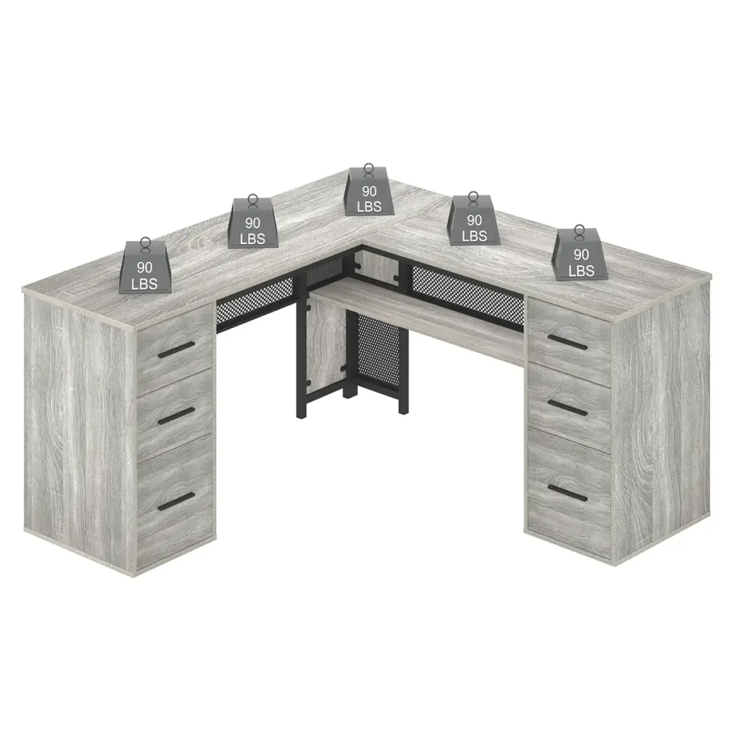 L Shaped Computer Desk with Six Drawers, Light Grey Oak _10