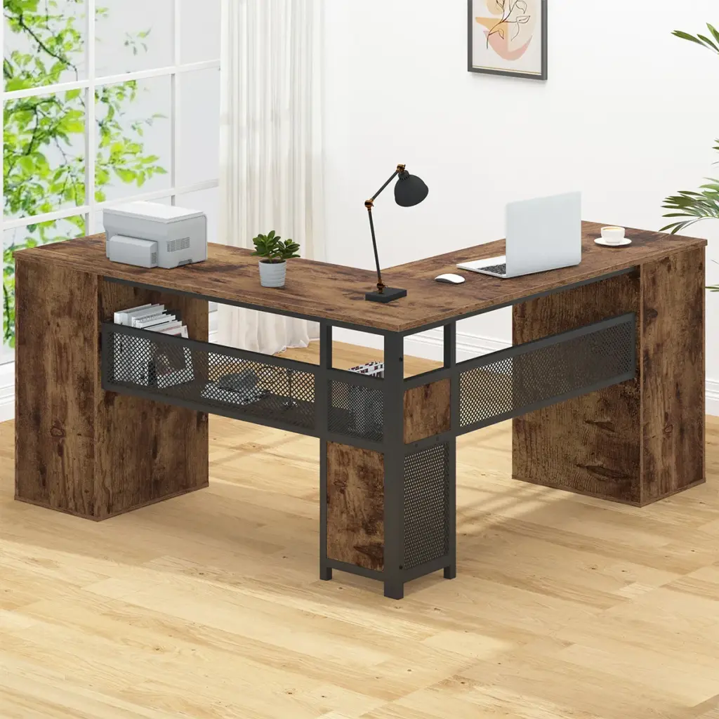 L Shaped Computer Desk with Six Drawers, Rustic Brown _10
