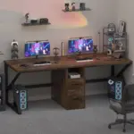 The 10.01.C_结果 setup features dual monitors, ODM/OEM gaming gear, vivid RGB lights, two PCs, shelves with figurines, and a rolling chair in a cozy carpeted corner room.