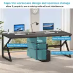 The 11.01.C_结果 double desk includes two computers, a desk lamp, a labeled storage drawer, an open shelf, and a letter/A4 file cabinet. Available for both ODM and OEM customization to fit any workspace needs.