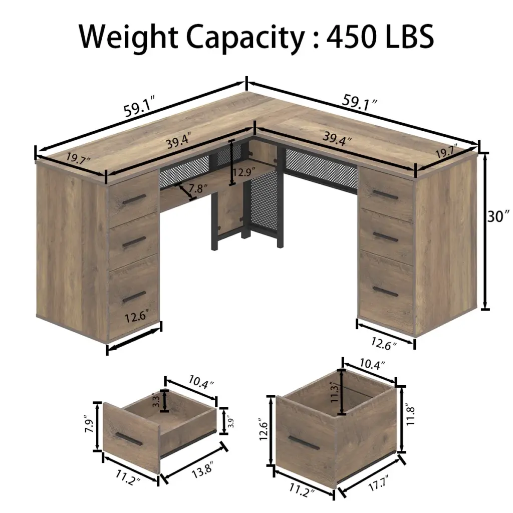 L Shaped Computer Desk with Six Drawers, Rustic Oak _11