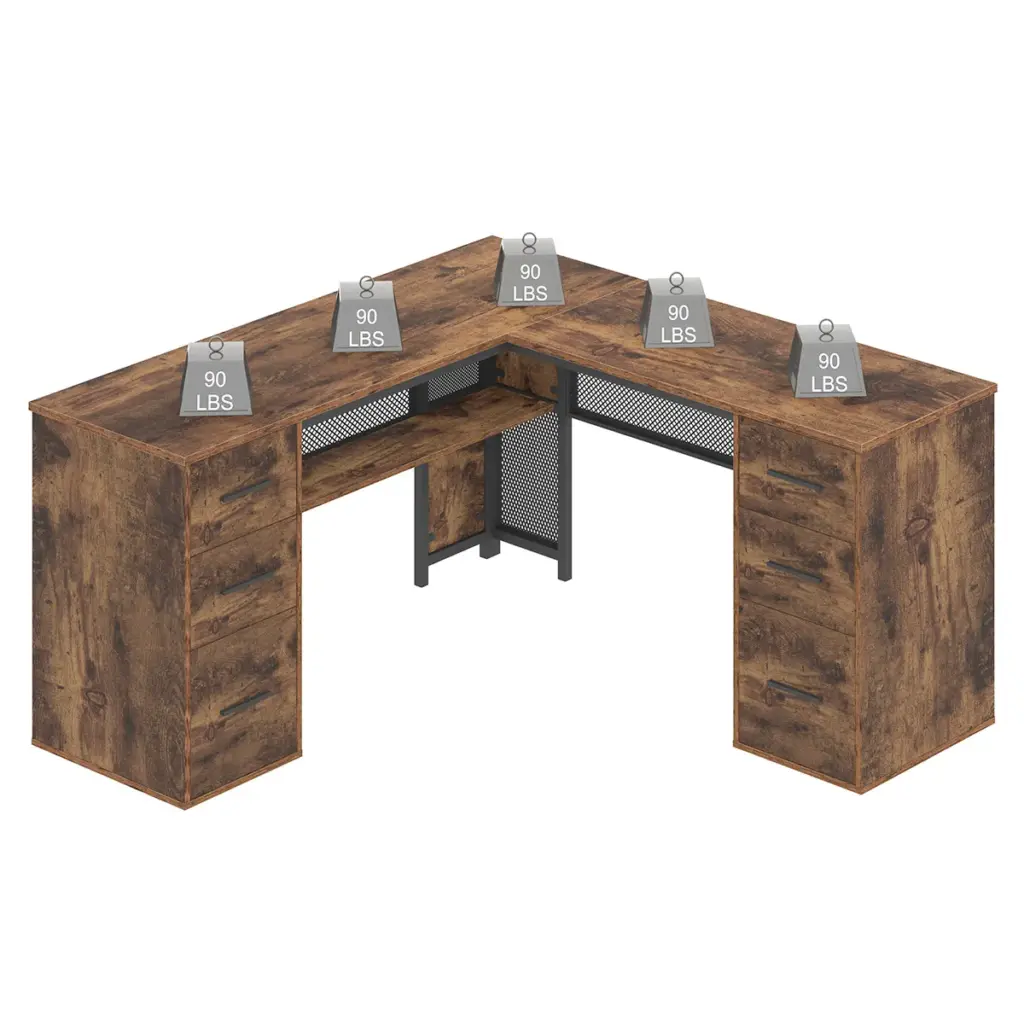 L Shaped Computer Desk with Six Drawers, Rustic Brown _11