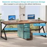 The 11.01.C_结果 is a double workstation desk featuring two desktop computers, a lamp, and labeled storage—a simple drawer, open shelf, and letter/A4 file cabinet—offered for OEM or ODM customization to fit your workspace.