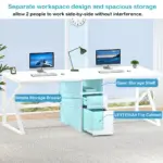 The 11.01.C_结果 is a modern white double desk with OEM/ODM options, two computer spaces, labeled storage areas—including a simple drawer, open shelf, and LETTER/A4 file cabinet—ideal for bright office settings.