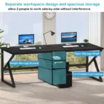 The 11.01.C_结果 is a black double computer desk with two monitors and labeled areas: storage drawer, open shelf, and LETTER/A4 file cabinet. Perfect for bright offices, it's available for ODM/OEM customization.