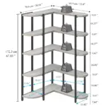 The 11_结果 is a five-tier L-shaped corner shelf unit for OEM and ODM orders, with load capacity labels and precise centimeter/inch measurements for height, width, and depth.