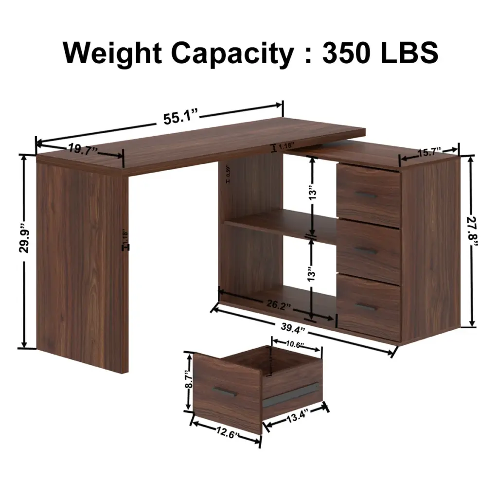L Shaped Computer Desk with 3 Drawers, Walnut_11
