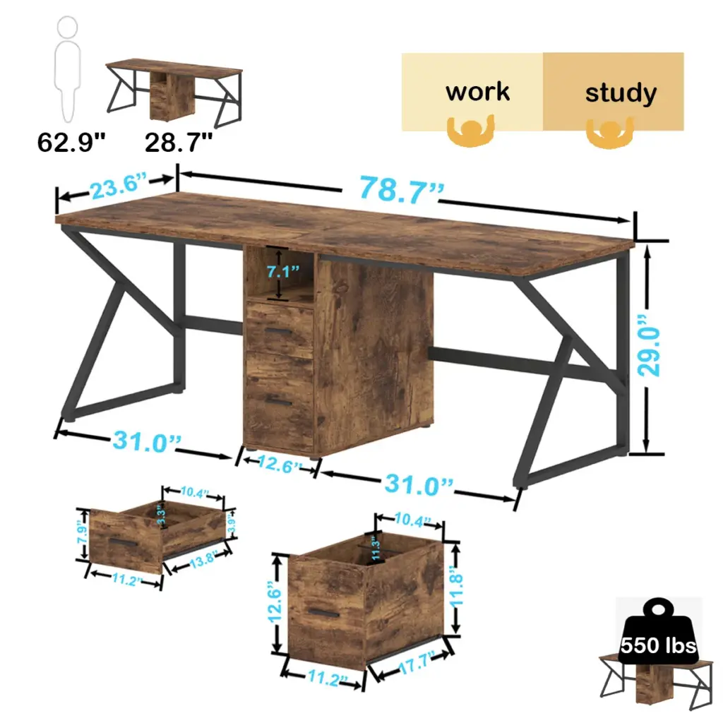 2 Person Computer Desk with File Drawer, Rustic Brown_12