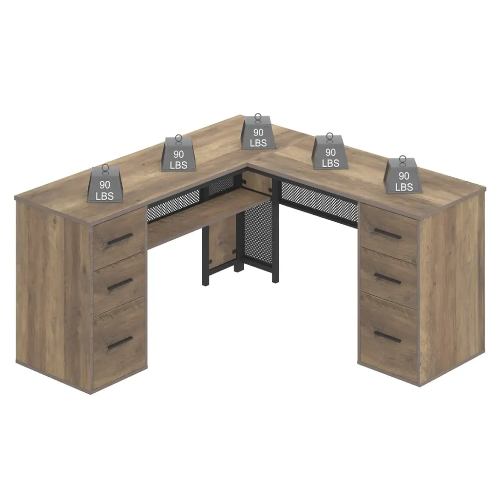 L Shaped Computer Desk with Six Drawers, Rustic Oak _12