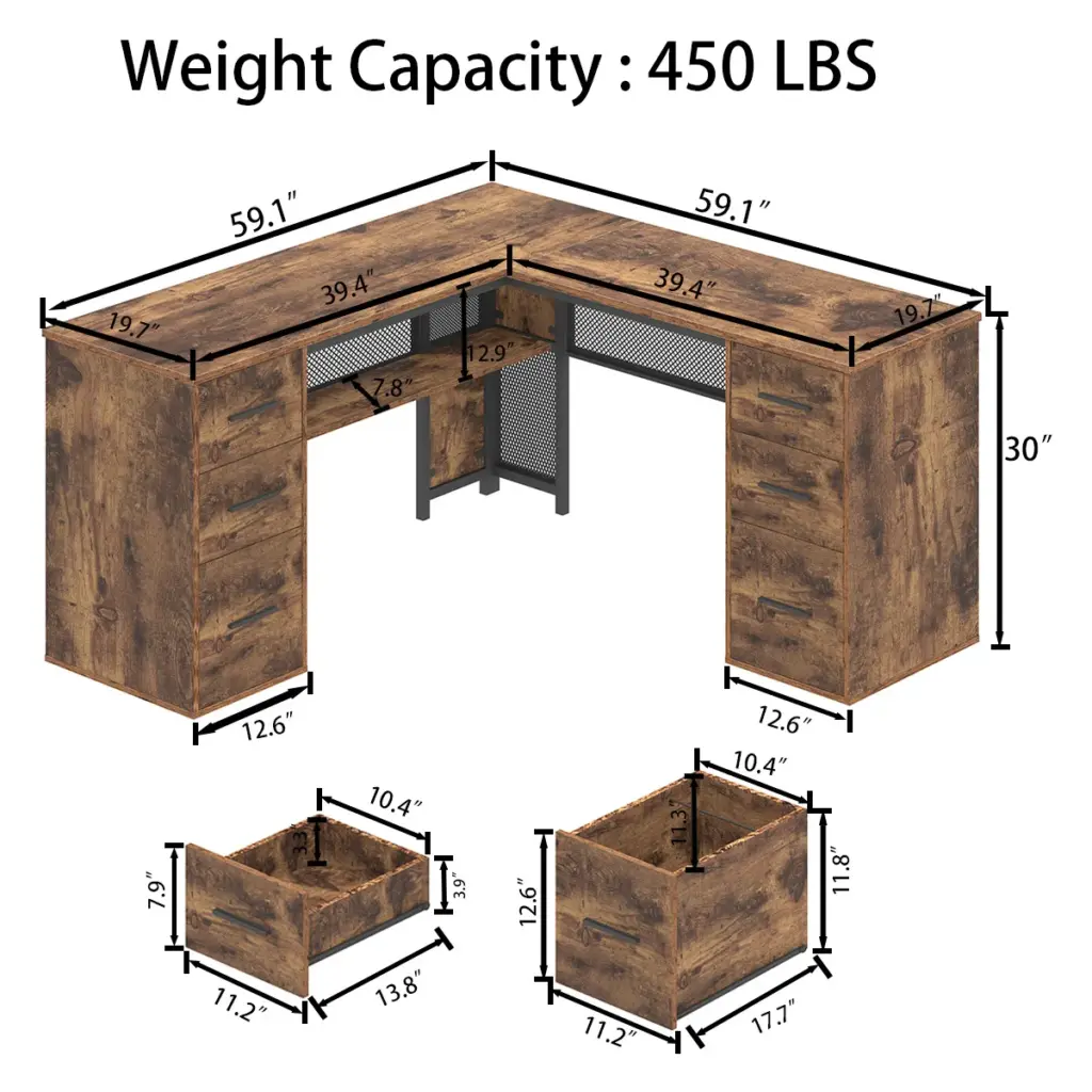 L Shaped Computer Desk with Six Drawers, Rustic Brown _12