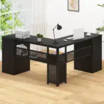 L Shaped Computer Desk with Six Drawers, Black Oak _12