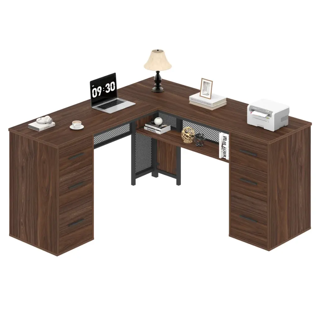 L Shaped Computer Desk with Six Drawers, Walnut _11