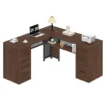 L Shaped Computer Desk with Six Drawers, Walnut _11