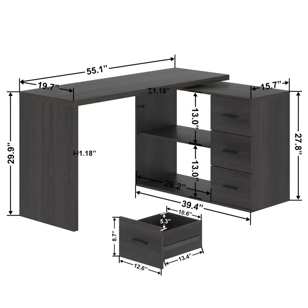 L Shaped Computer Desk with 3 Drawers, Dark Gray Oak_12