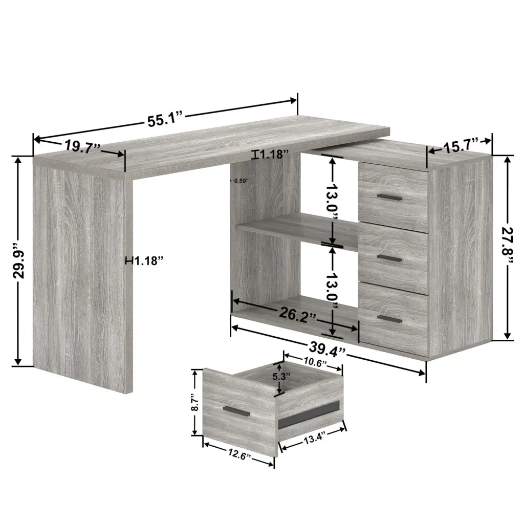 L Shaped Computer Desk with 3 Drawers, Light Grey Oak _12