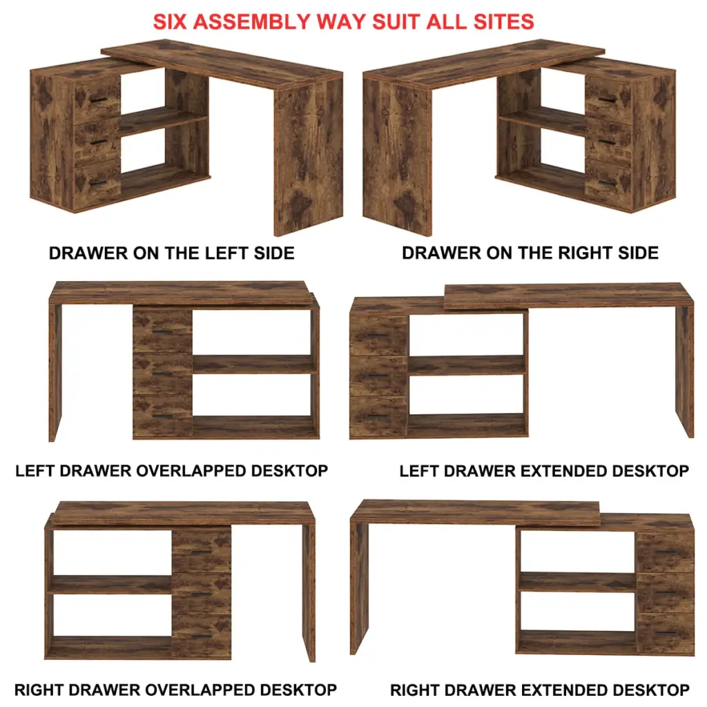 L Shaped Computer Desk with 3 Drawers, Rustic Brown _11