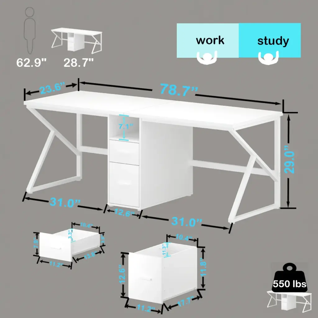 2 Person Computer Desk with File Drawer, White Oak_12