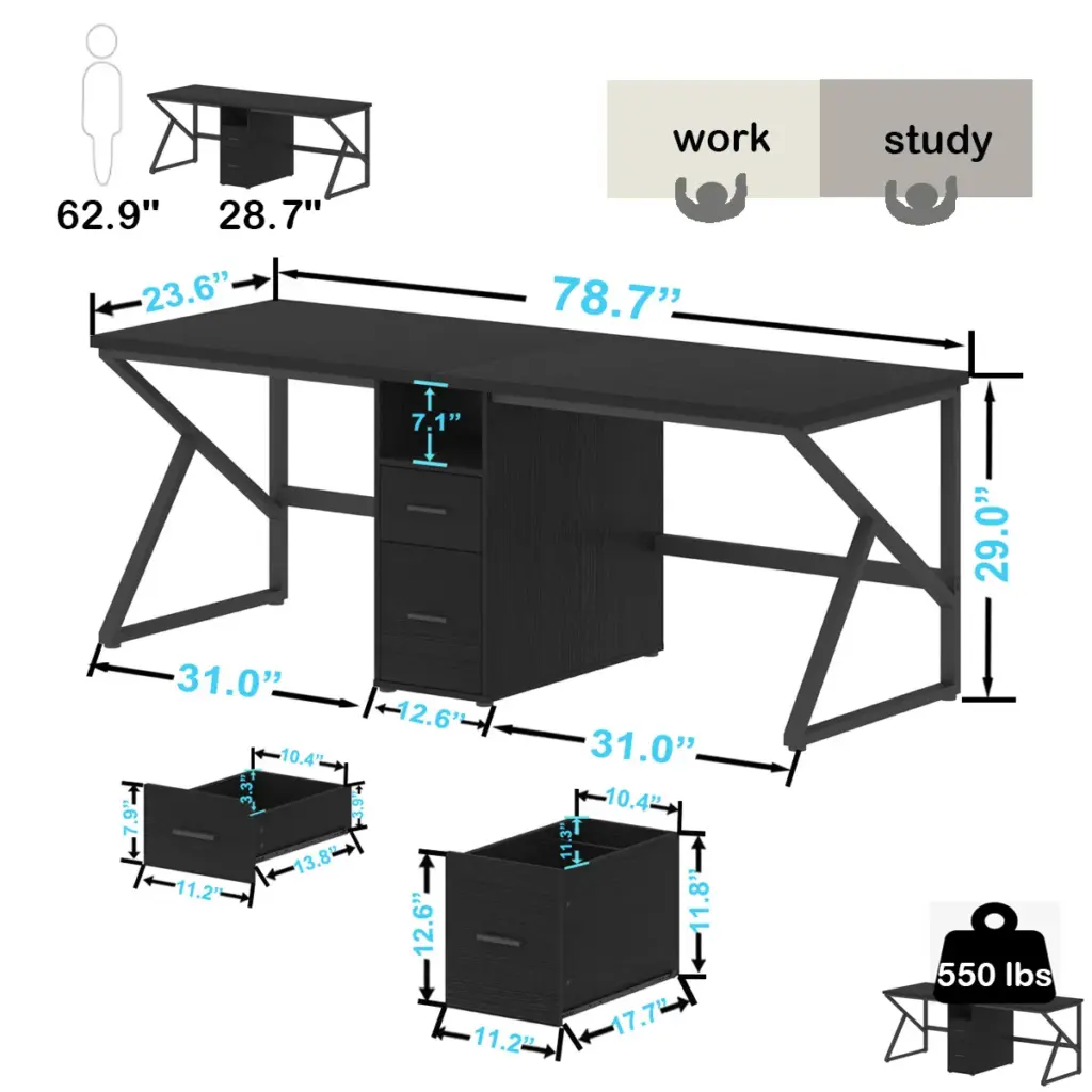 2 Person Computer Desk with File Drawer, Black Oak_12