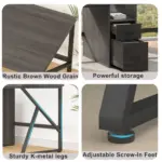 Collage of four images showing 13.01.C_结果's rustic brown wood grain surface, spacious drawers, sturdy K-shaped metal legs, and adjustable screw-in feet—offered with ODM and OEM customization.