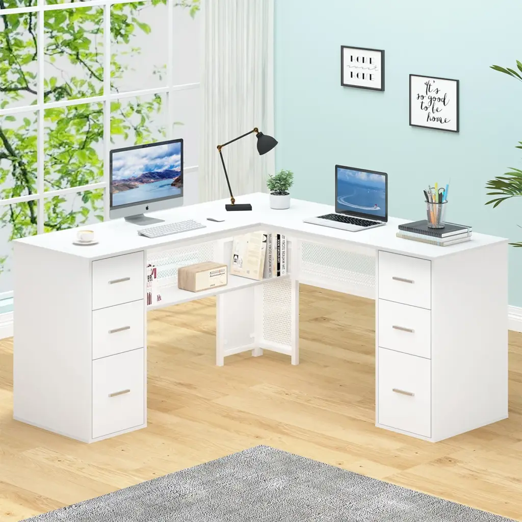 L Shaped Computer Desk with Six Drawers, White Oak _13