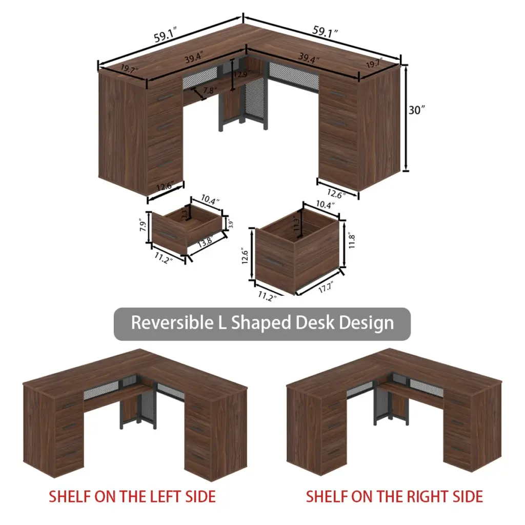 L Shaped Computer Desk with Six Drawers, Walnut _12