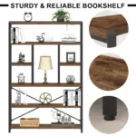 The 13.01.C_结果 multi-tier bookshelf showcases books, decor, and a lamp. Close-ups highlight wood grain shelves, a sturdy metal frame, and adjustable feet. Text: “Sturdy & Reliable Bookshelf.” Supports ODM/OEM customization.