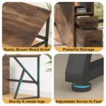 Four close-up images showcase the 13.01.C_结果 desk’s wood grain, storage drawers, sturdy K-shaped metal legs, and adjustable feet—perfect for OEM and ODM customization needs.