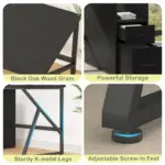 Collage of four images showcasing 13.01.C_结果: black oak wood grain desk surface, storage drawers, sturdy K-metal legs, and adjustable screw-in feet—available for OEM and ODM customization.
