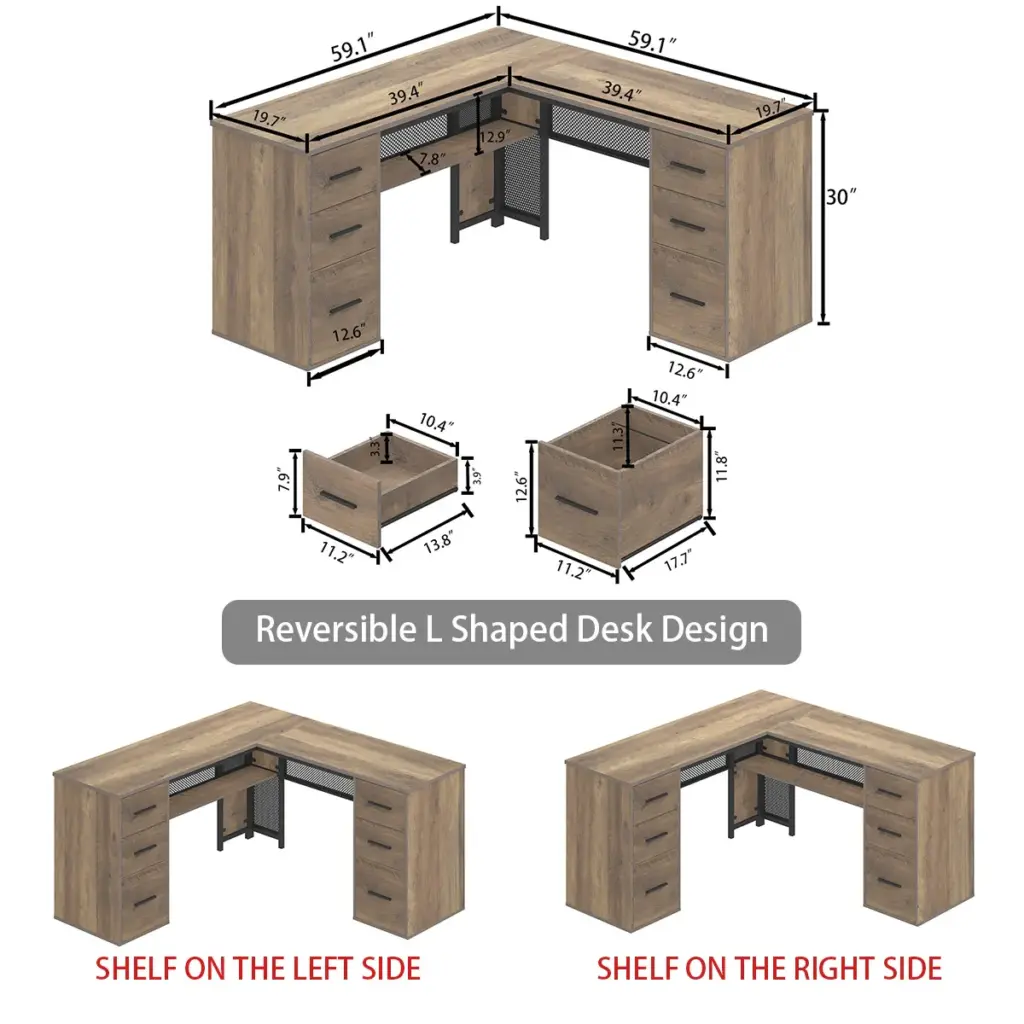 L Shaped Computer Desk with Six Drawers, Rustic Oak _13