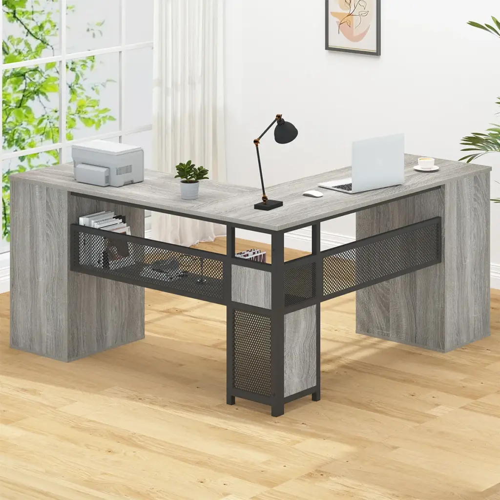 L Shaped Computer Desk with Six Drawers, Light Grey Oak _13