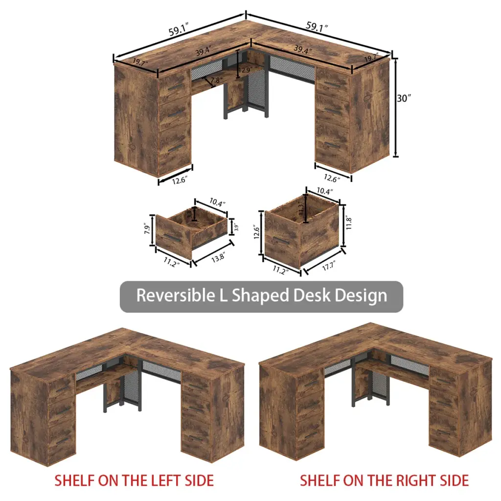 L Shaped Computer Desk with Six Drawers, Rustic Brown _13
