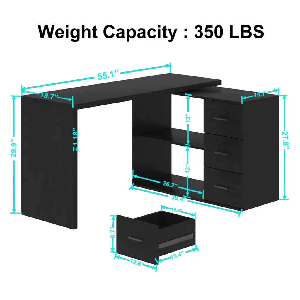 L Shaped Computer Desk with 3 Drawers, Black Oak_13
