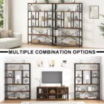 Two arrangements of the 14.01.C_结果 shelving unit are displayed in a living room, showcasing various OEM and ODM combinations for flexible storage and decor solutions.