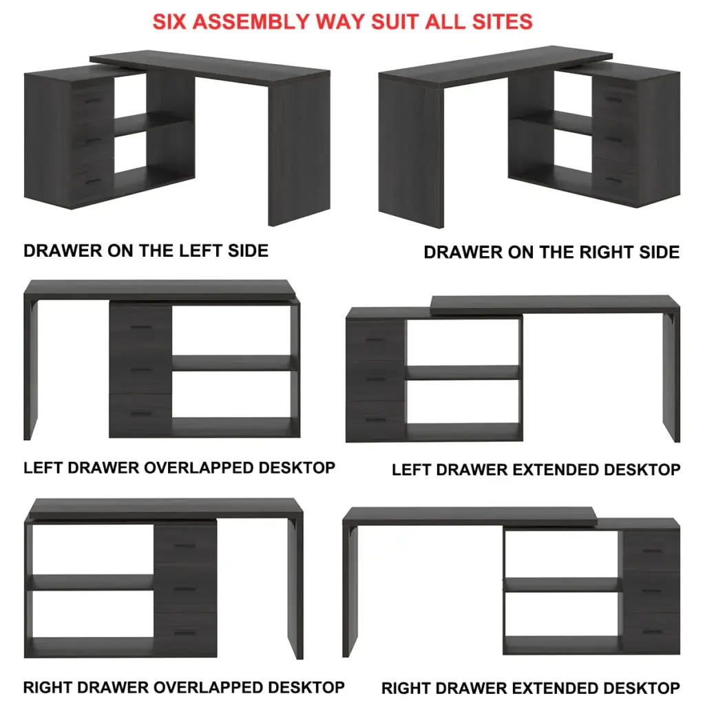 L Shaped Computer Desk with 3 Drawers, Dark Gray Oak_14