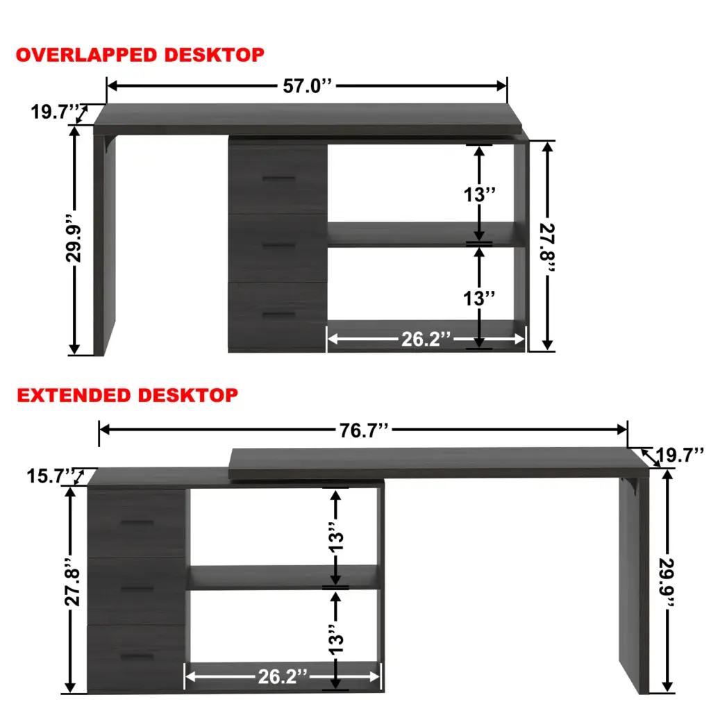 L Shaped Computer Desk with 3 Drawers, Dark Gray Oak_16