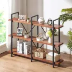 The 1_1200_1200 is a wooden three-tier shelf with a black metal frame, perfect for displaying books, decor, and plants beside a window; available for OEM and ODM.