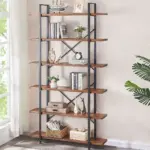 The 1_结果 is a tall bookshelf with five wooden shelves, suitable for ODM or OEM customization. It holds books, decor, plants, and baskets, and stands against a light wall near a window and potted plant.