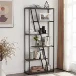 1_结果 is a modern metal and wood bookshelf with asymmetrical shelves, ideal for books, decor, and small plants. OEM and ODM orders are available. It looks stylish against a white wall by a window with brown curtains.