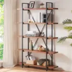 The 1_结果 is a wooden and metal bookshelf with five shelves for books, decor, baskets, or plants, placed near a window and potted plant; available for ODM or OEM customization.