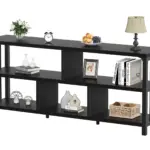 The 1_结果 is a black wooden console table with six open shelves for books, décor, a lamp, clock, basket, vases, framed art, flowers, and fruit bowl—offered with both ODM and OEM customization options.