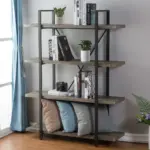 The 1_结果 is a four-tier wooden and metal bookshelf, ideal for OEM or ODM customization, displaying books, plants, a camera, and throw pillows on the bottom shelf beside a window with blue curtains.