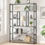 The 1_结果 is a tall bookshelf with a metal frame and wooden shelves, suitable for ODM or OEM orders. It is shown against a white wall in a bright room, decorated with books, plants, sculptures, a basket, and a clock.