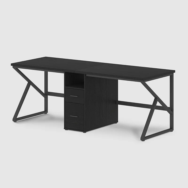 The 2 Person Computer Desk with File Drawer in black oak features a sturdy metal frame, three central storage drawers including a file drawer, and a spacious flat work surface, all shown against a plain white background.
