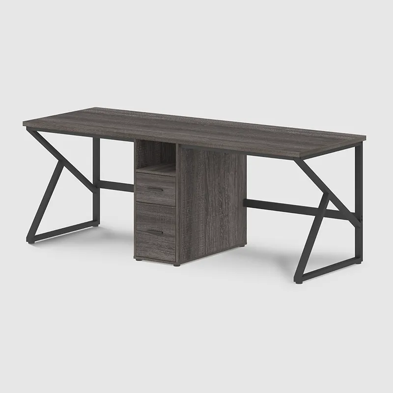 The 2 Person Computer Desk with File Drawer in dark gray oak features a rectangular design, black metal legs, and two centered drawers—including a file drawer—underneath the tabletop.